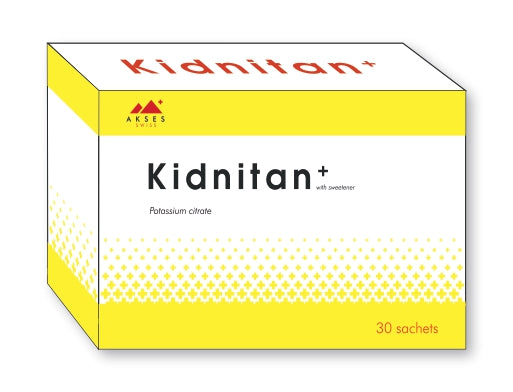 Box of Kidnitan+ with yellow and white design on a white background Potassium citrate from from e-medicine medicine online