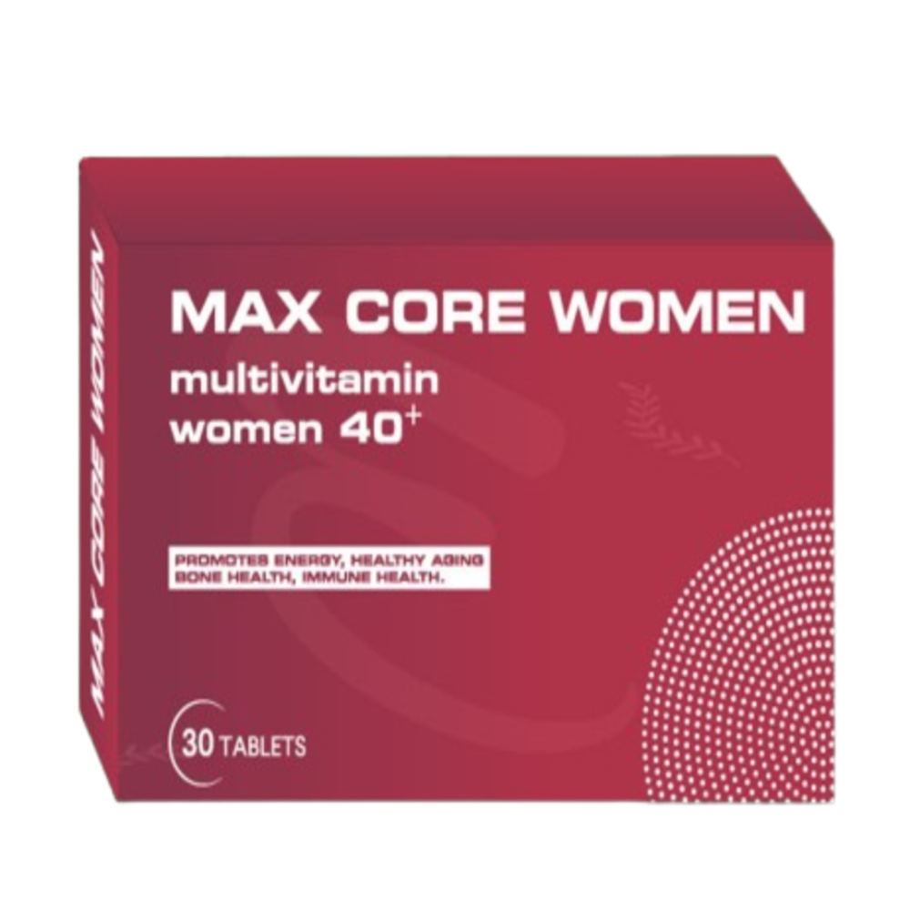 Red box of Max Core Women multivitamin for women over 40 on a white background from e-medicin - your source for medicine online