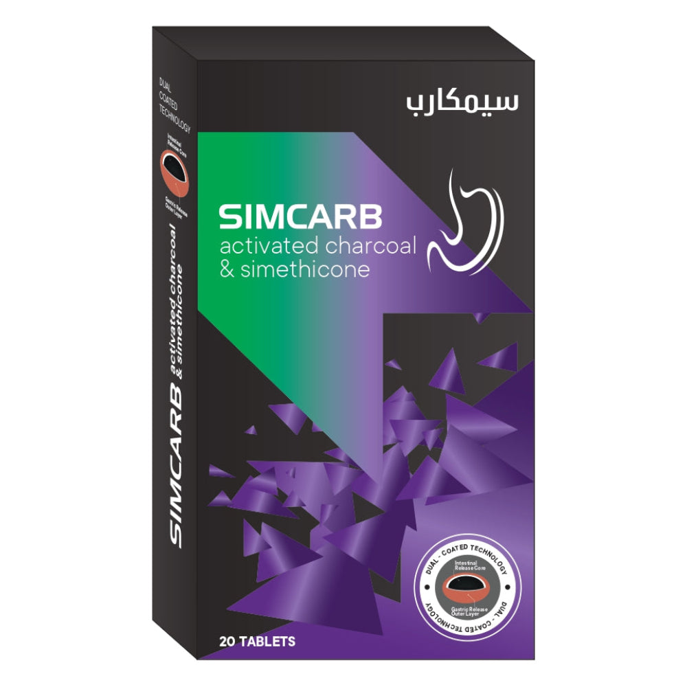 Simcarb activated charcoal and simethicone packaging with purple and green design on a white background from e-medicine medicine online