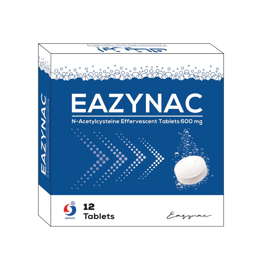 Eazynac N-Acetylcysteine Effervescent Tablets packaging on a white background  from e-medicine medicine online
