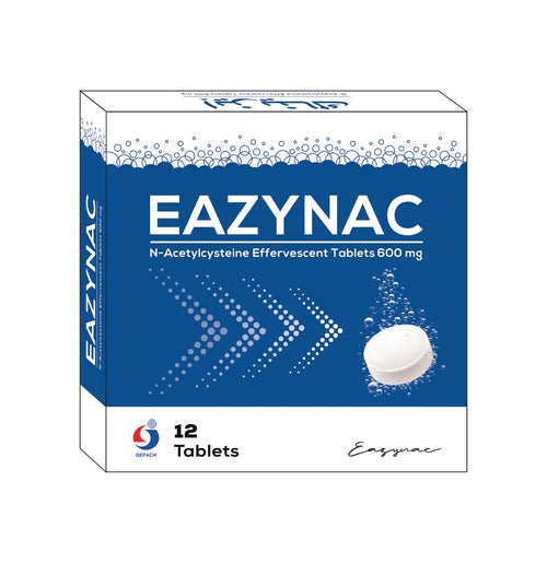 Eazynac N-Acetylcysteine Effervescent Tablets packaging on a white background  from e-medicine medicine online