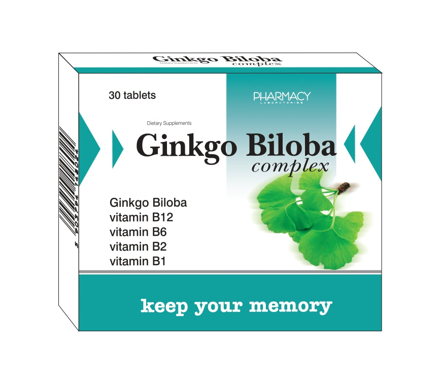 Box of Ginkgo Biloba complex dietary supplement with green leaves on a white background from e-medicin - your source for medicine online