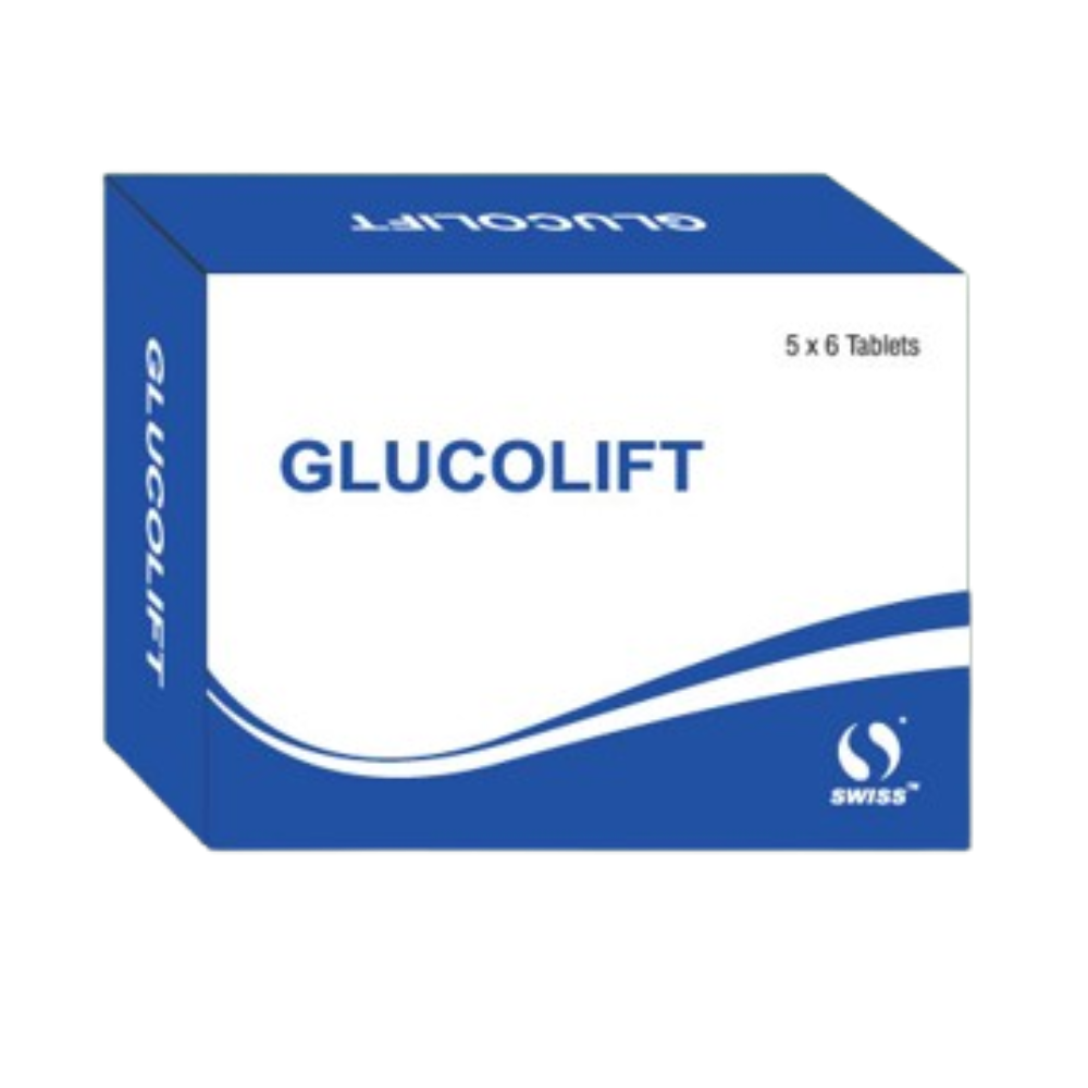 Box of Glucolift tablets with blue and white design on a white background from e-medicin - your source for medicine online