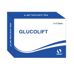 Box of Glucolift tablets with blue and white design on a white background from e-medicin - your source for medicine online