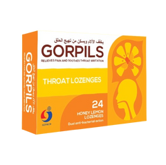 Box of GORPILS throat lozenges with orange and yellow design on a white background  from e-medicin medicine online uae