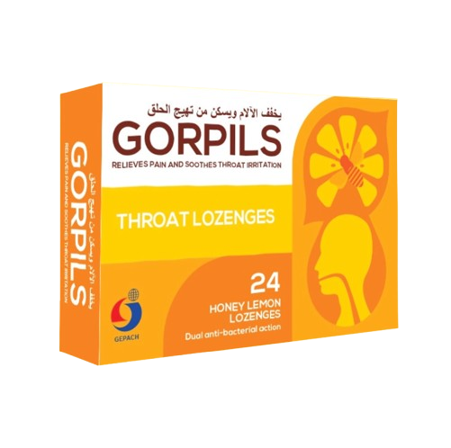 Box of GORPILS throat lozenges with orange and yellow design on a white background  from e-medicin medicine online uae