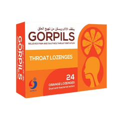 Box of GORPILS throat lozenges with orange and white design on a white background  from e-medicin medicine online uae