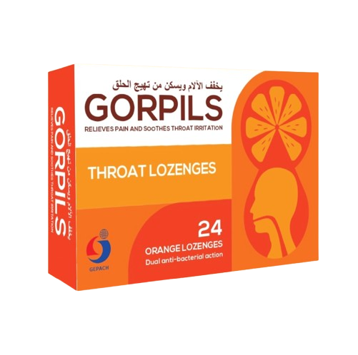 Box of GORPILS throat lozenges with orange and white design on a white background  from e-medicin medicine online uae
