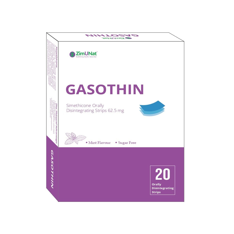 Box of Gasothin with a purple and white design on a white background from e-medicin - your source for medicine online