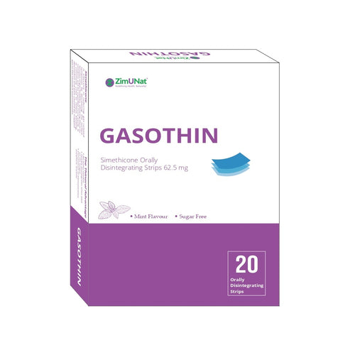 Box of Gasothin with a purple and white design on a white background from e-medicin - your source for medicine online