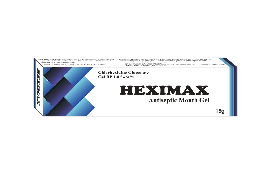 Heximax antiseptic mouth gel packaging on a white background from e-medicin - your source for medicine online