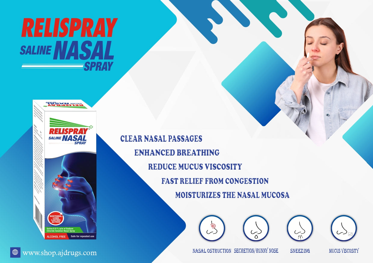 Relispray saline nasal spray packaging with a woman using the spray on a blue and white background from e-medicin - your source for medicine online