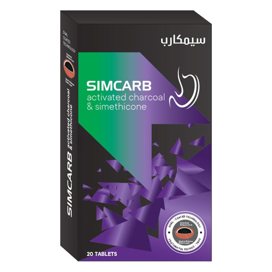 Simcarb activated charcoal and simethicone packaging with purple and green design on a white background from e-medicine medicine online