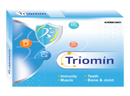 Triomin supplement box with blue and white design on a white background from e-medicin - your source for medicine online