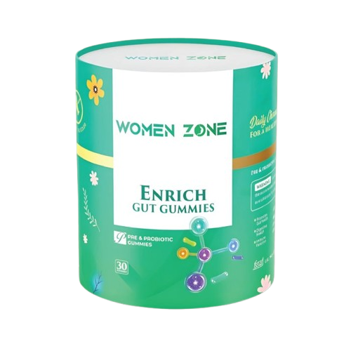 Green container of Women Zone Enrich Gut Gummies on a white background from e-medicin - your source for medicine online