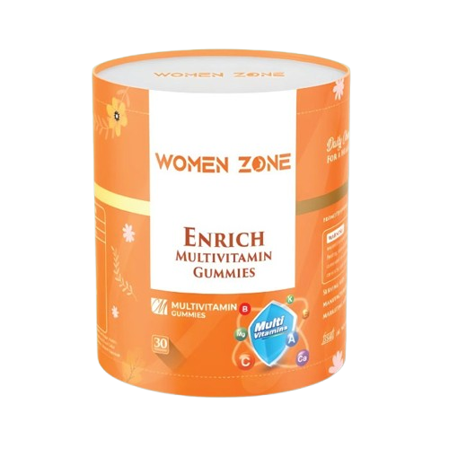 Orange packaging of Women Zone Enrich Multivitamin Gummies on a white background