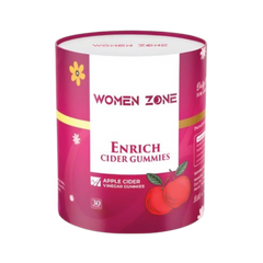 Pink cylindrical container of Women Zone Enrich Cider Gummies on a white background  from e-medicin medicine online uae