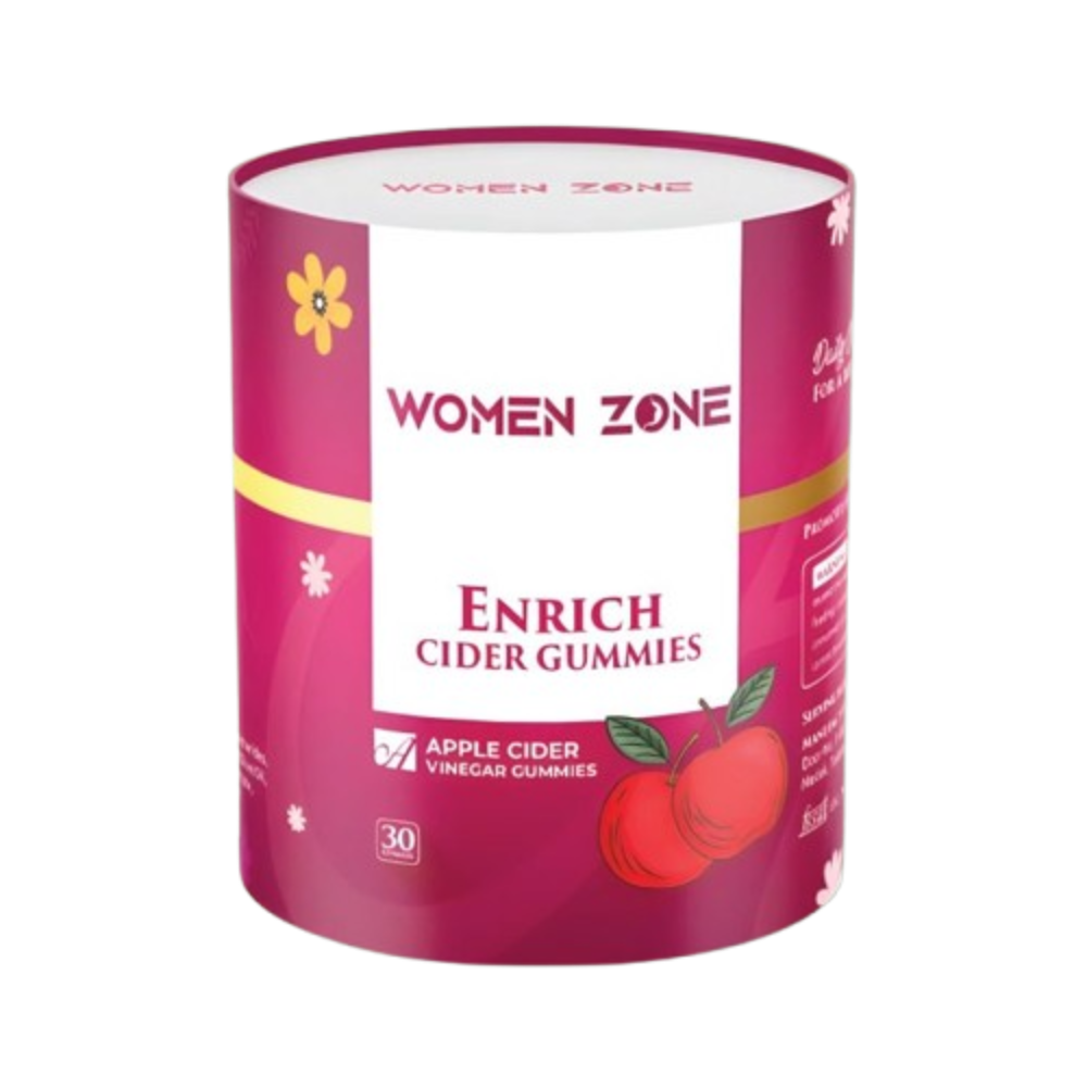 Pink cylindrical container of Women Zone Enrich Cider Gummies on a white background  from e-medicin medicine online uae
