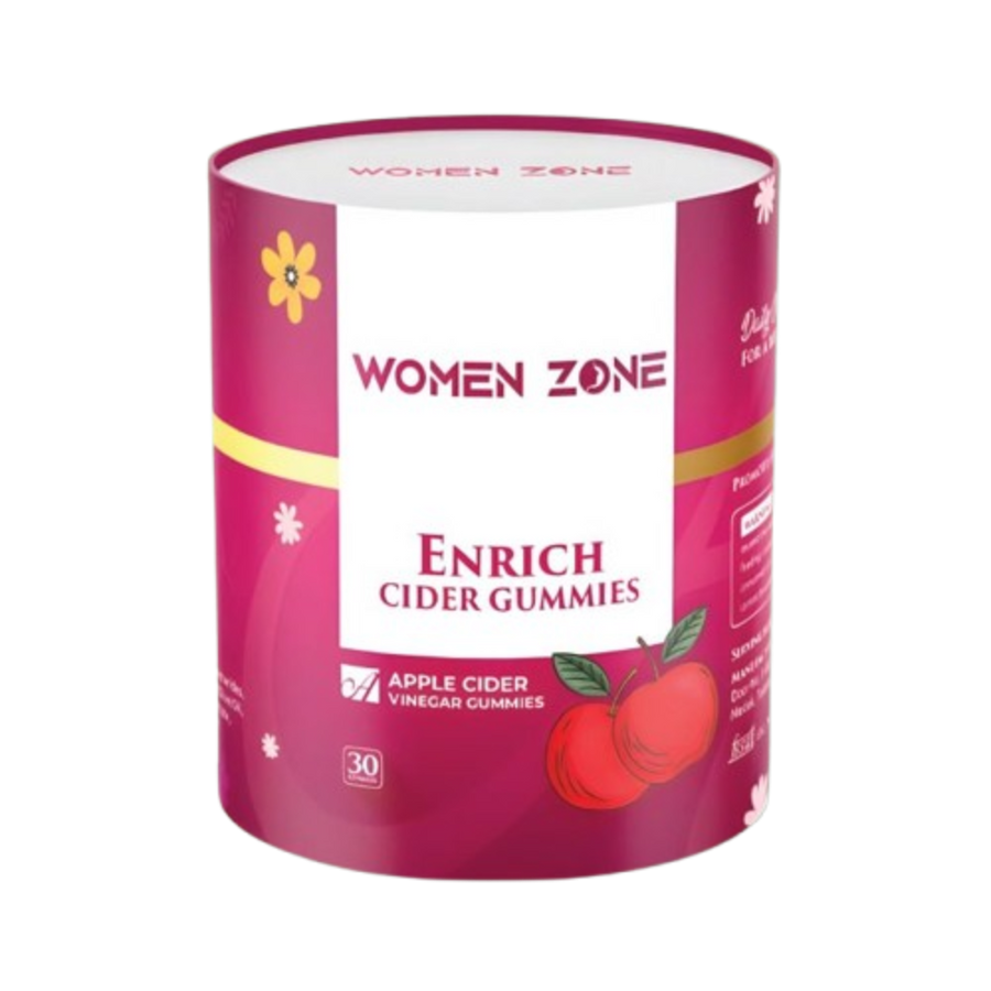 Pink cylindrical container of Women Zone Enrich Cider Gummies on a white background  from e-medicin medicine online uae