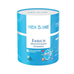 Blue cylindrical container of Men Zone Enrich Multivitamin Gummies on a white background  from e-medicin medicine online uae
