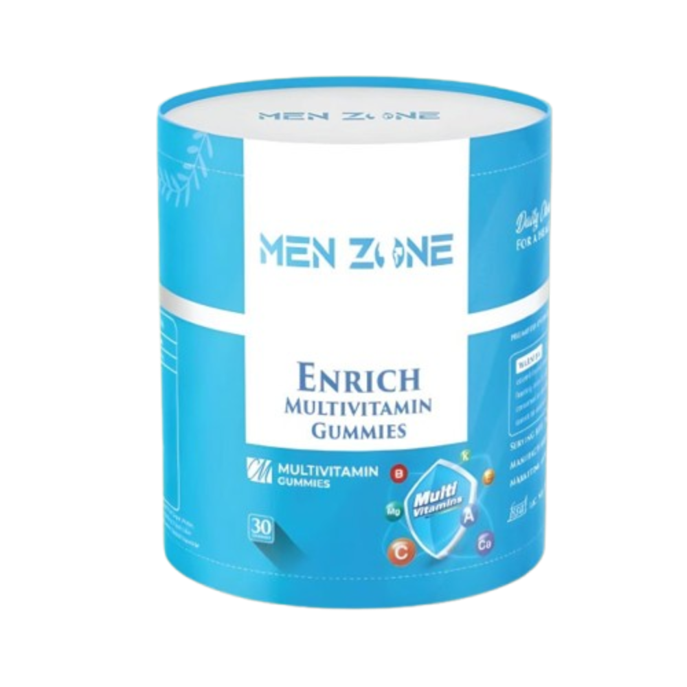 Blue cylindrical container of Men Zone Enrich Multivitamin Gummies on a white background  from e-medicin medicine online uae